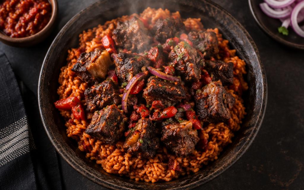 Asun rice served in a rustic bowl